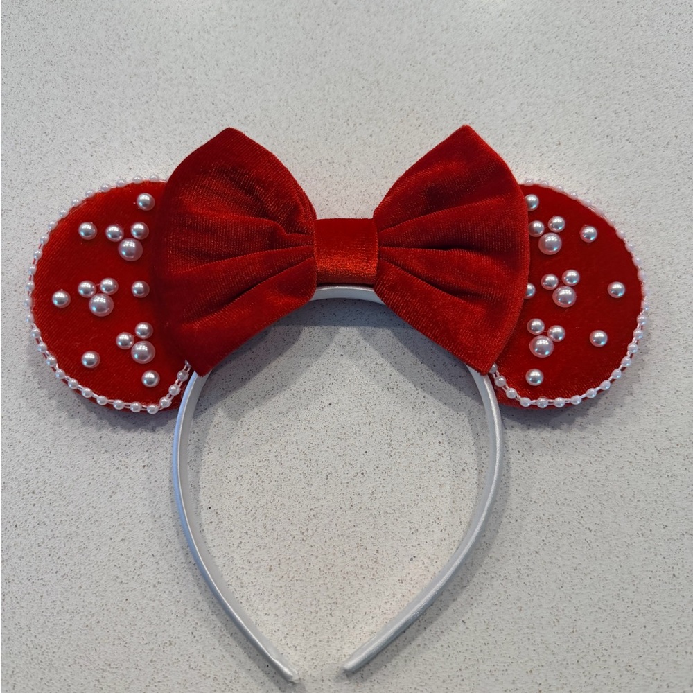 Red Velvet Minnie Mouse Ears Headband with Pearls
